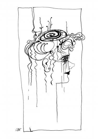 Frau mit Schneckenfrisur, Tusche auf Papier, 15 x 26 cm